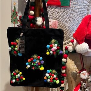 Violet Ray NYC Black Christmas Tote with Colorful Pom-Pom Trees